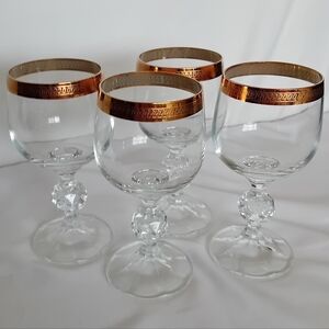 4 Vintage Bohemian Crystal Wine Glasses with Gold Rim And Facet-cut Stem